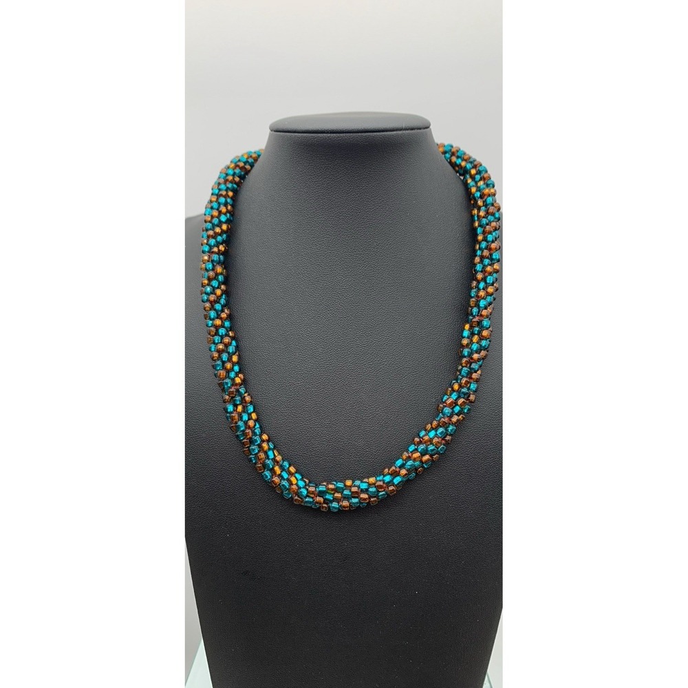 Teal‎ Blue & Copper Colored Braided Glass Seed Bead Choker Necklace 16"